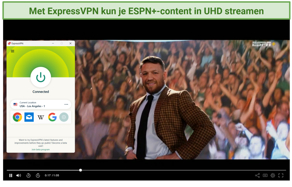 A screenshot of sports on ESPN+ while connected to an ExpressVPN server in the US