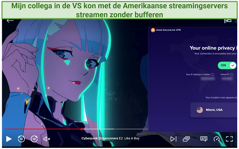 Screenshot of Netflix streaming Cyberpunk: Edgerunners while connected to Avast Secureline VPN's Miami server