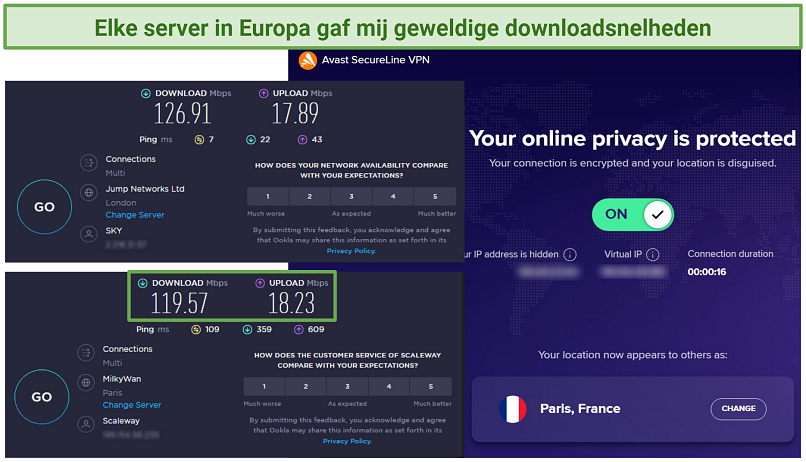 Screenshot of Ookla speed tests done with Avast Secureline VPN connected and one with no VPN connected