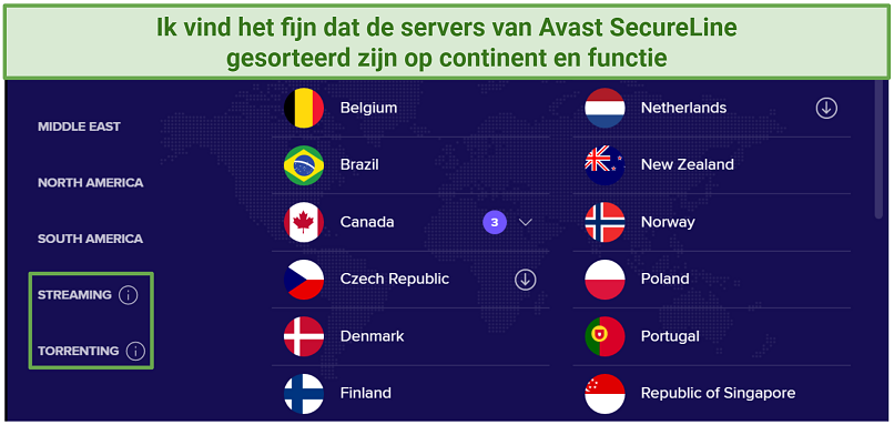 Screenshot of Avast Secureline's server network highlighting where to find torrenting and streaming servers
