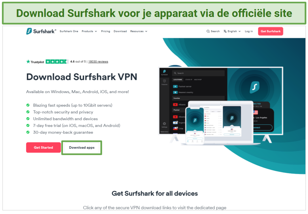 Screenshot van Surfshark's downloadpagina