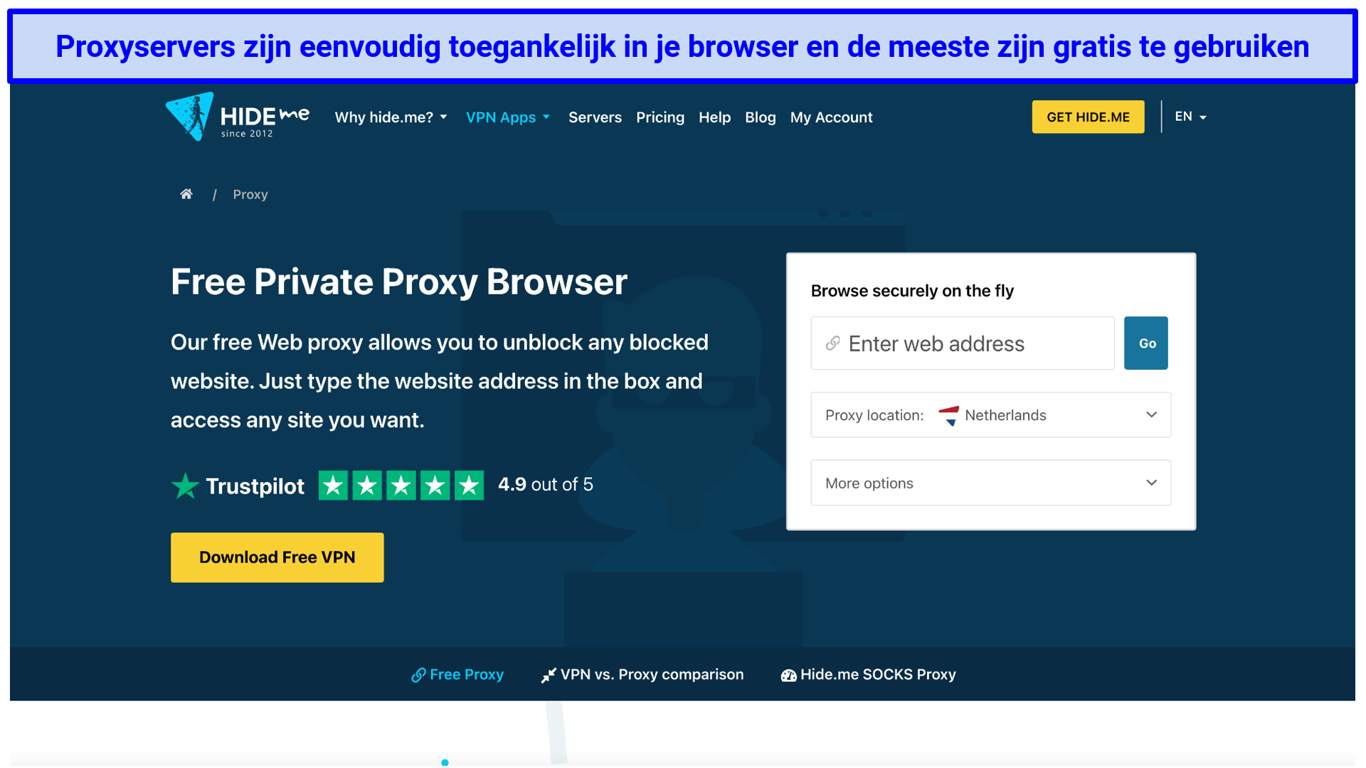 Screenshot van de hideme website waar je een gratis privé proxy kunt downloaden