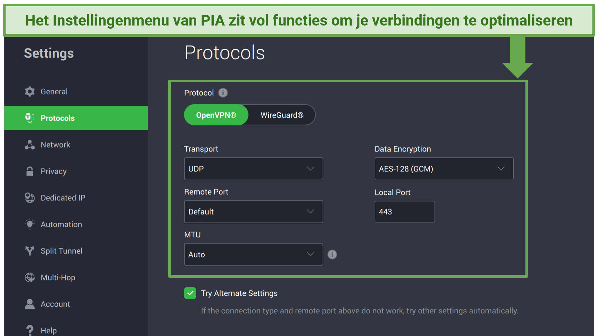 Screenshot die de aanpasbare protocolinstellingen van PIA toont