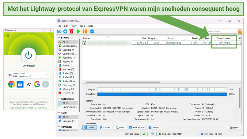 Screenshot van ExpressVPN die goede torrenting snelheden levert