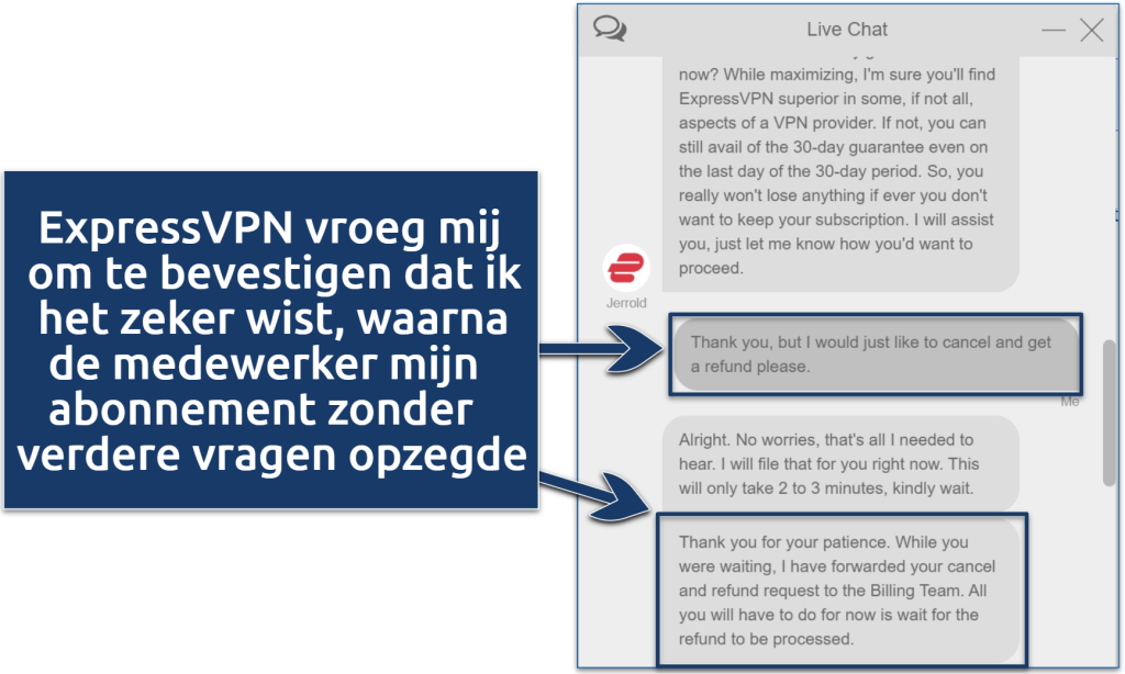 Screenshot of a conversation with an ExpressVPN customer support agent to cancel my subscription