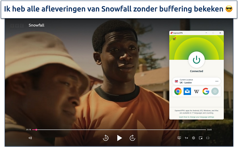 A screenshot of streaming Snowfall on BBC iPlayer in high quality while connected to ExpressVPN's London server.