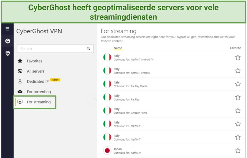 Screenshot van de CyberGhost-app die de streaming-servers laat zien.