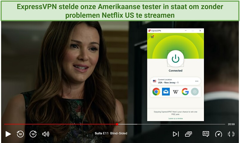 Een screenshot van Suits op Netflix US met ExpressVPN verbonden met New Jersey