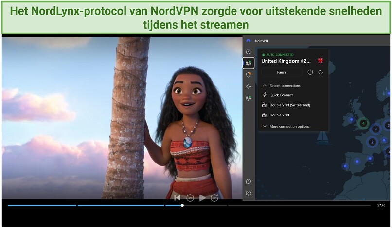 Een screenshot van Moana op Disney+ terwijl verbonden met een NordVPN UK server