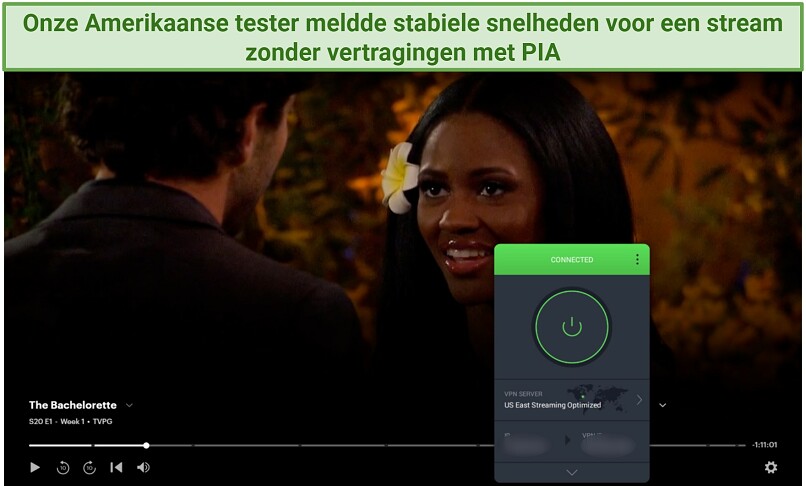 Een screenshot van The Bachelorette op Hulu, verbonden met PIA's US East streaming server