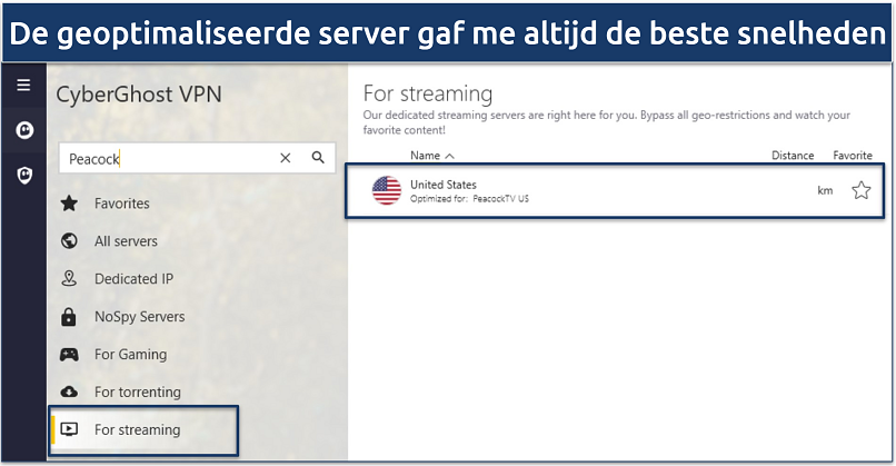 A screenshot of CyberGhost's app showing the optimized server for Peacock TV
