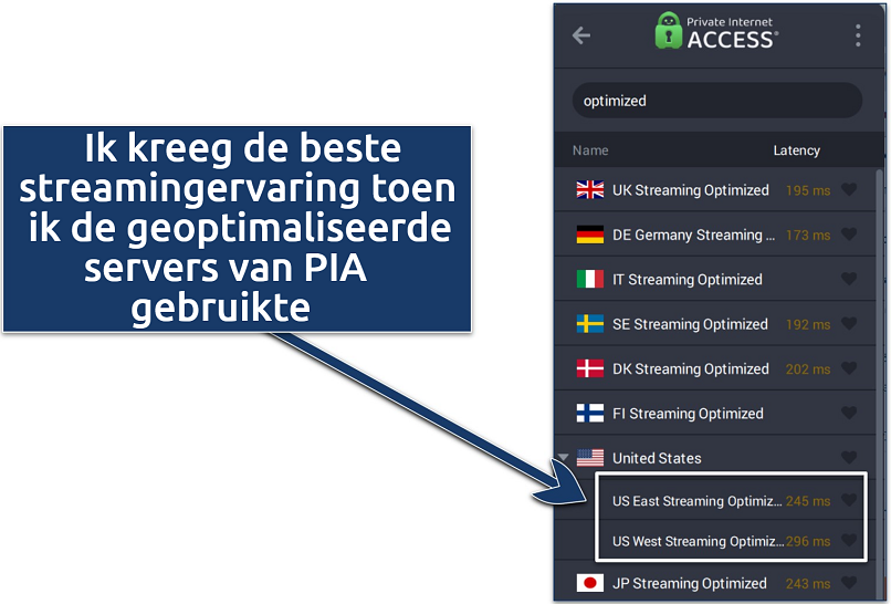 Screenshots of PIA server list showing the servers optimized for streaming