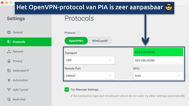 Screenshot showing the customization options for OpenVPN on PIA's app