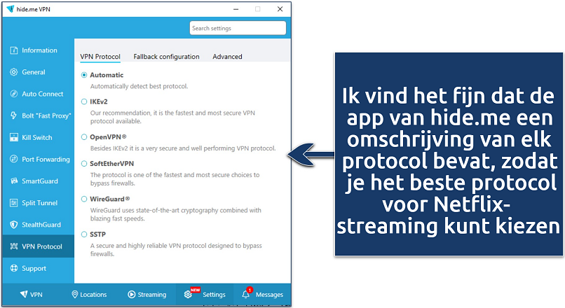 Screenshot of the protocol settings in the hide.me windows app