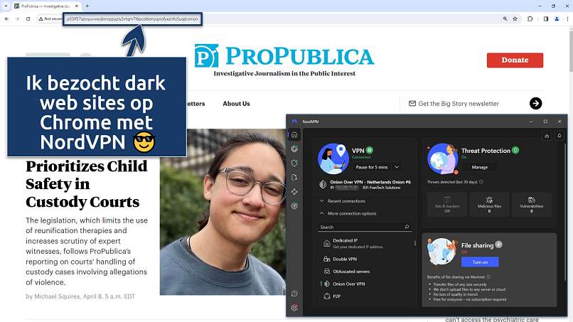 Screenshot of the NordVPN app connected to an Onion Over VPN server over ProPublica's mirror site on Chrome browser