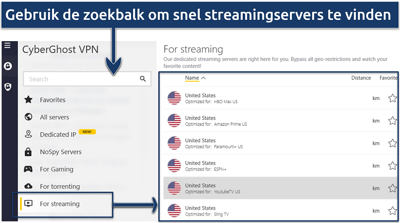 A screenshot showing CyberGhost offers specialized servers for streaming server