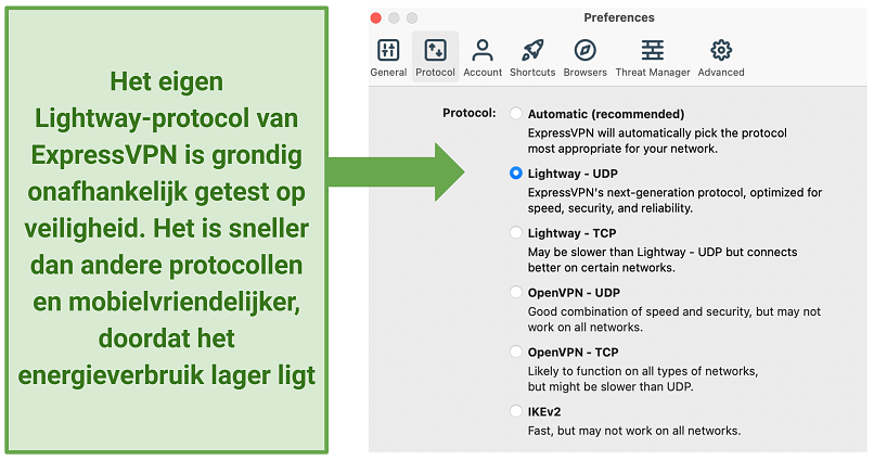 Screenshot of ExpressVPN protocols