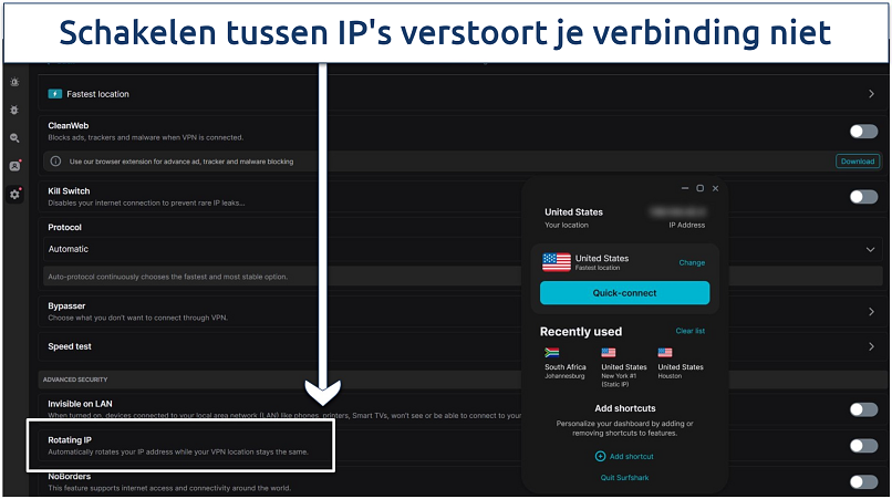 A screenshot showing Surfshark's Rotating IP feature that refreshes IP addresses every few minutes