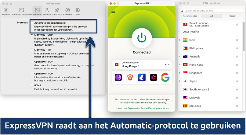 Screenshot met de 3 interfaces van de ExpressVPN app