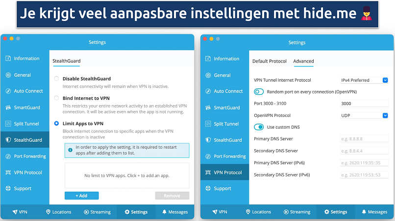 Screenshot van het instellingenpaneel op de app van hide.me