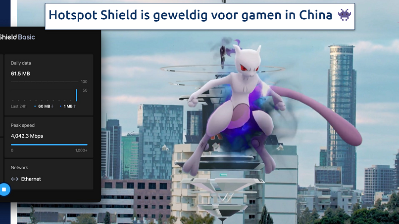 Screenshot met Hotspot Shield's app over een Pokemon GO demo op een webbrowser