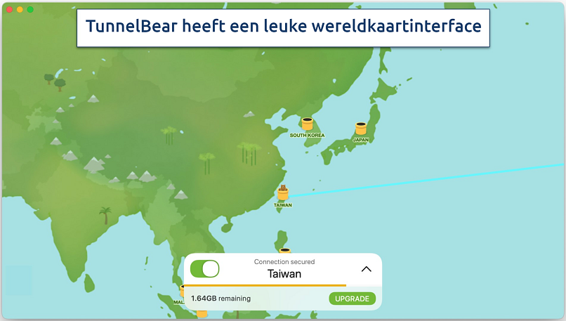 Screenshot met de verbinding van de TunnelBear-app met een server in Taiwan