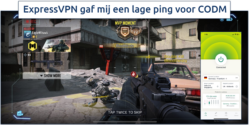 Screenshot van CODM gameplay met ExpressVPN verbonden