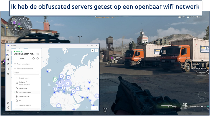 Screenshot van COD gameplay met een verbonden NordVPN