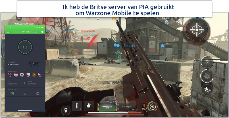 Screenshot van Warzone gameplay met PIA verbonden