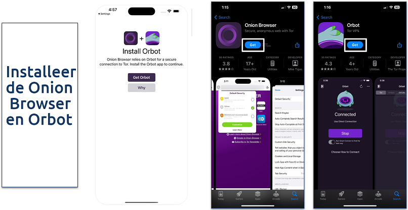 Screenshot van de Onion Browser en Orbot op de App Store van Apple
