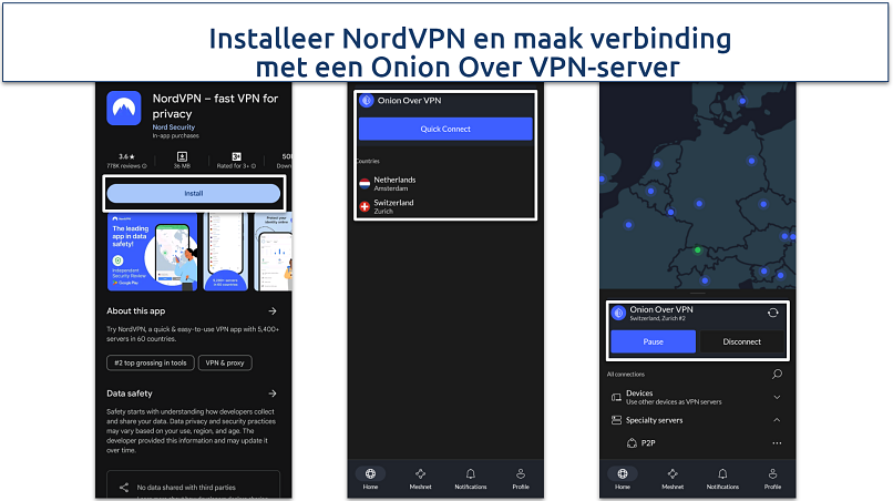 Screenshot van de NordVPN Onion Over VPN-servers