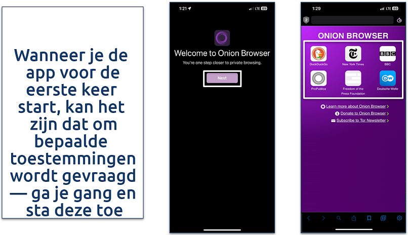 Screenshot van de interface van de Onion Browser-app