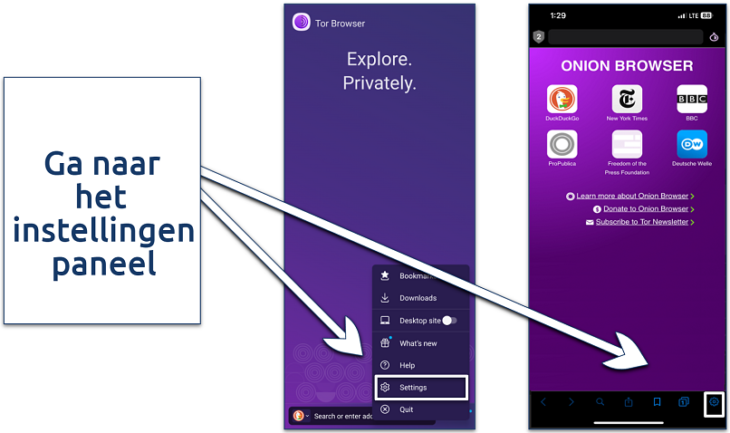 Screenshot van de instellingenknop voor Tor Browser en Onion Browser