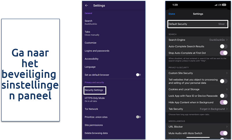 Screenshot van de beveiligingsinstellingen knop voor Tor Browser en Onion Browser