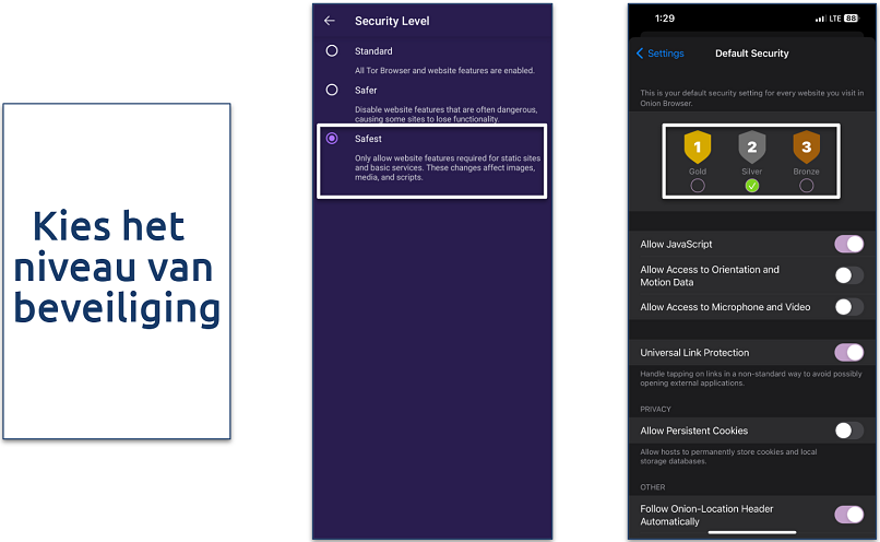 Screenshot van het beveiligingsinstellingen paneel voor Tor Browser en Onion Browser