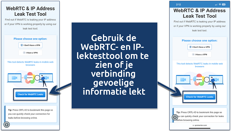 Screenshot van VpnMentor's WebRTC- en IP-adrestesttool