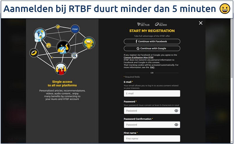 Screenshot of the RTBF sign-up page