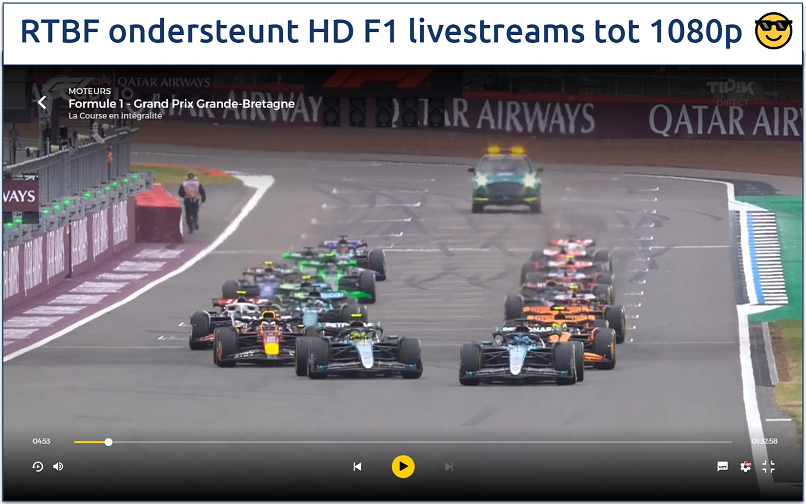 Screenshot of streaming an F1 race on RTBF in HD