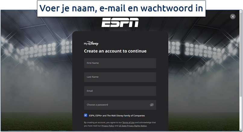 Screenshot van de aanmeldpagina van ESPN+