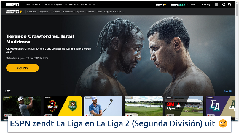 Screenshot van de homepage van ESPN+