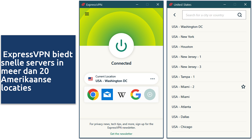 Screenshot van de Windows app van ExpressVPN verbonden met Washington DC, VS