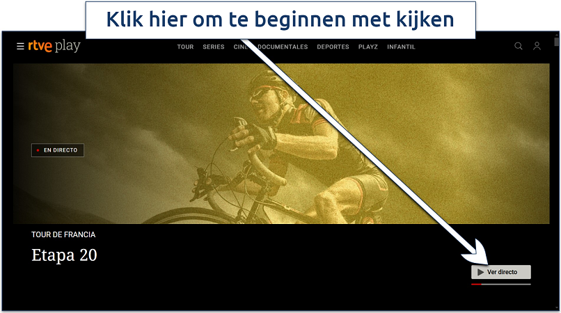 Screenshot of RTVE Play homepage with Tour de France preview