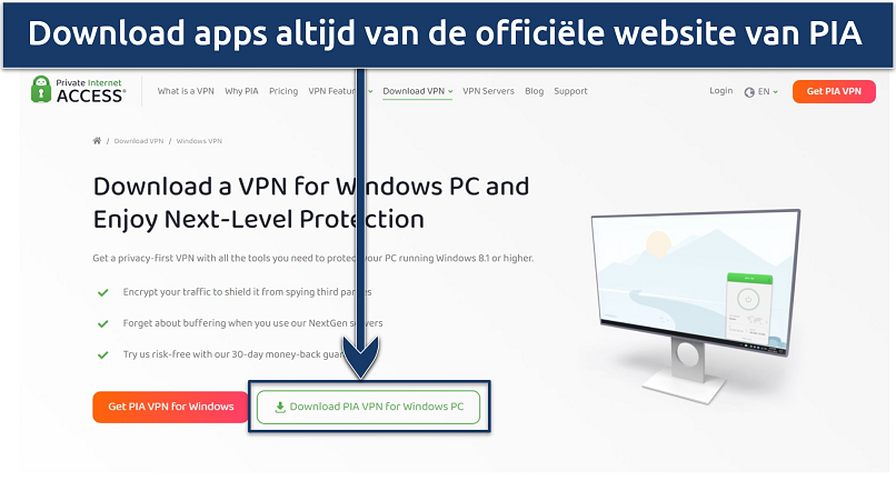 Screenshot showing PIA's download page