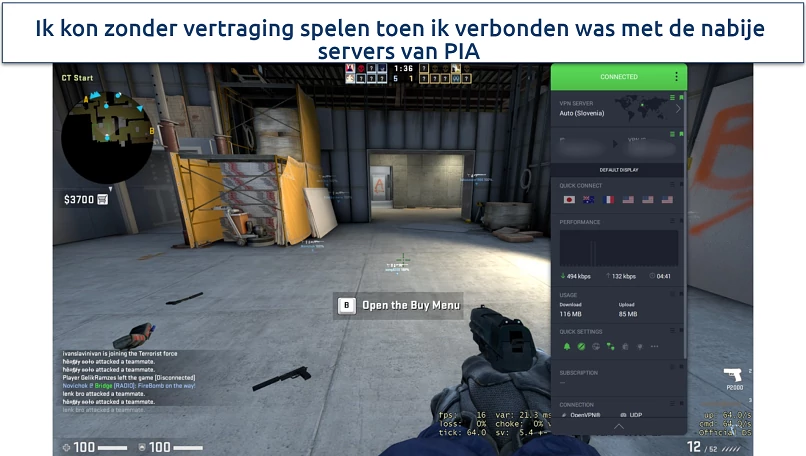 Screenshot of gaming with PIA on local servers