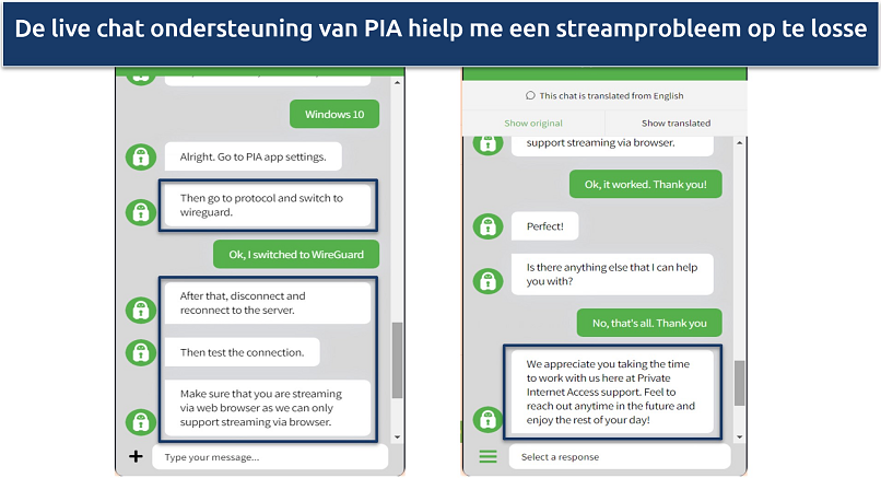 Screenshot of conversation with PIA live chat getting help with streaming issue