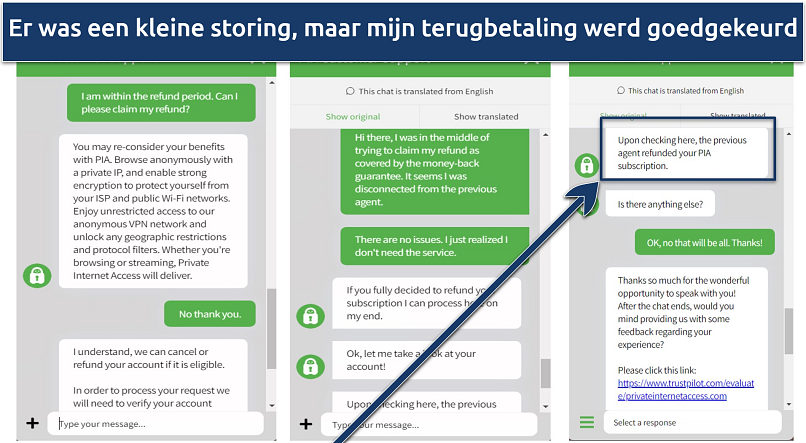 Screenshot of conversation with PIA agent requesting refund