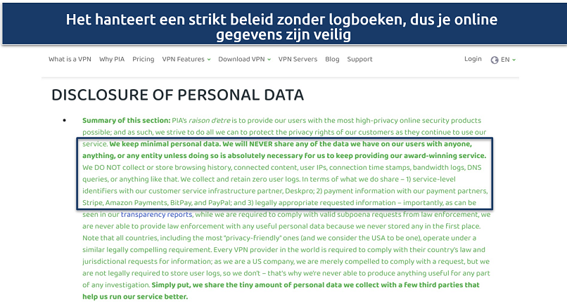 Screenshot of PIA's no logs policy