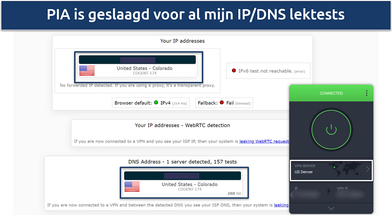 Screenshot of PIA leak test results proving IP and DNS leak protection