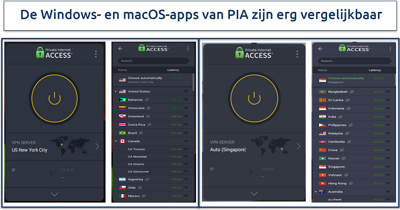 Screenshots showing PIA Windows and macOS app side by side