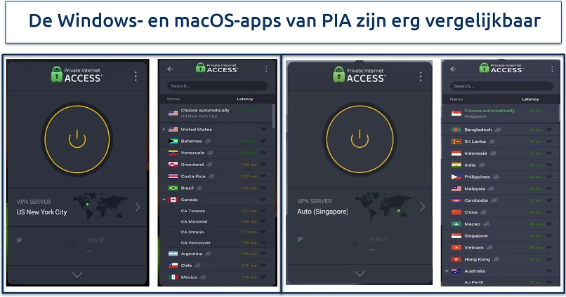 Screenshots showing PIA Windows and macOS app side by side